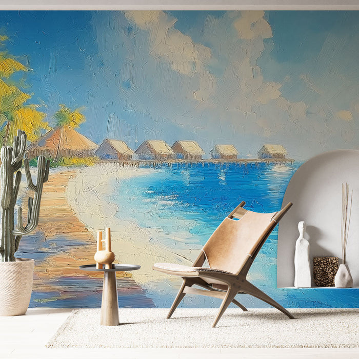 Foto Behang strandparadijs | Vakantiescène met overwater villa's en weelderige palmbomen