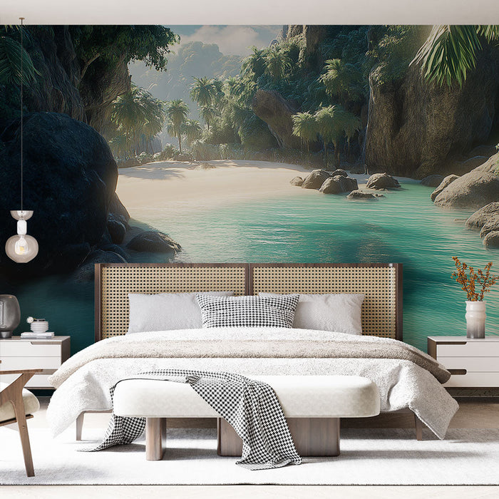Papel pintado playa paraíso | Escena tropical con aguas turquesas y roca