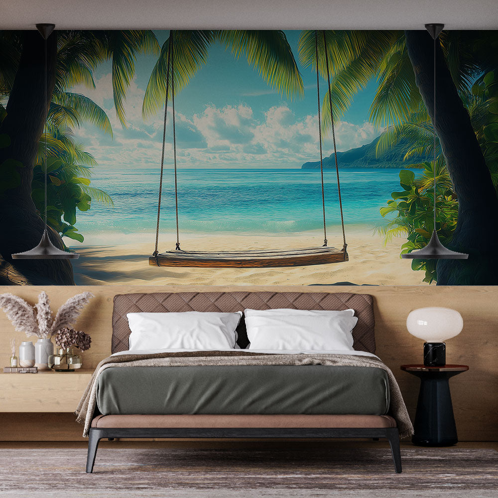 Papel de parede praia paradisíaca | Um balanço na areia fina com vista —  WonderMural, image size:1000x1000