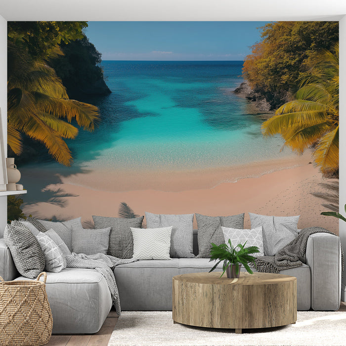 Falfestmény paradicsomi-tengerpart | Egy nyugodt tengerpart türkizkék vizekkel és buja pálmafákkal