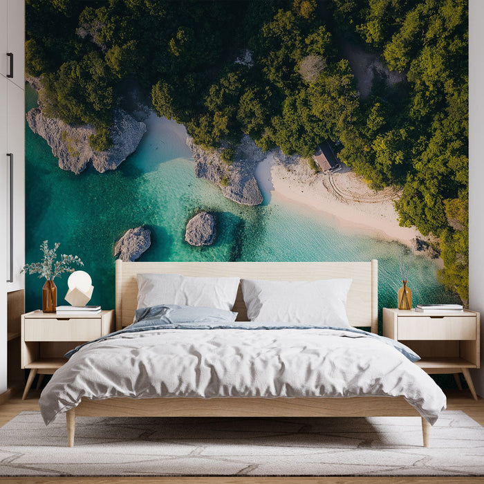 Paradiisiranna fototapeet | Ranniku aerofoto türkiissinise veega ja lopsaka taimestikuga