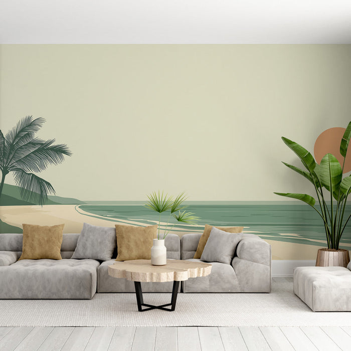 Mural Wallpaper beach | Minimalist coastal landscape with palm trees