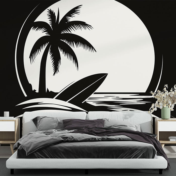 Фототапет плаж | Минималистична плажна сцена с палма и вълна