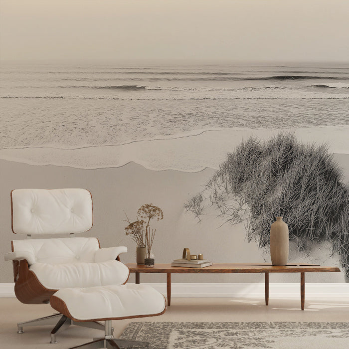 Tapet strand | Minimalistisk svart-hvitt strandscene