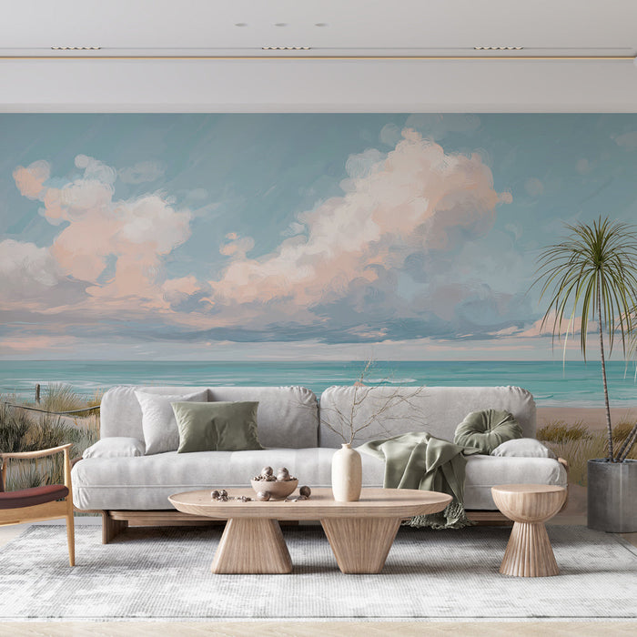 Tapete плаж | Дървен път, водещ към спокоен плаж под облачно небе