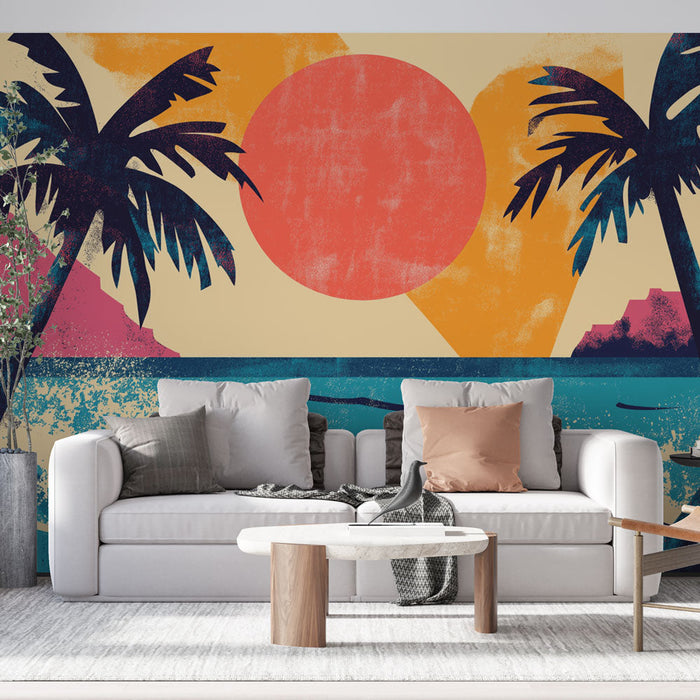 Fototapet tarzında plaj | Palmiye ağaçları ve parlak güneş renkli bir arka planda