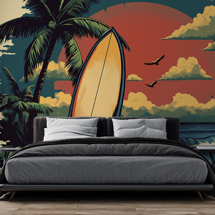 Фототапет плаж | Сърф и палми при залез
