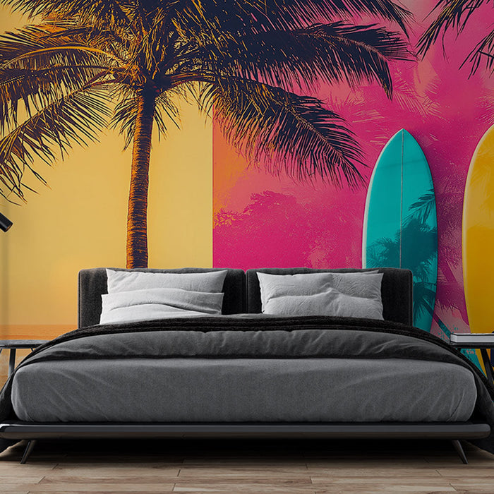 Tapet plajă | Surferi colorați și palmieri la apus