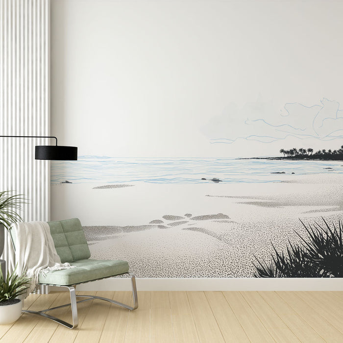 Mural Wallpaper tranquil beach | Minimalist coastal landscape with sea and palm trees