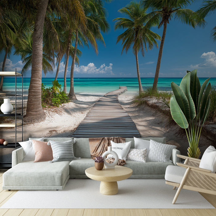 Fototapeet troopilise ranna | Puidust tee, mida ääristavad palmid ja türkiissinine meri