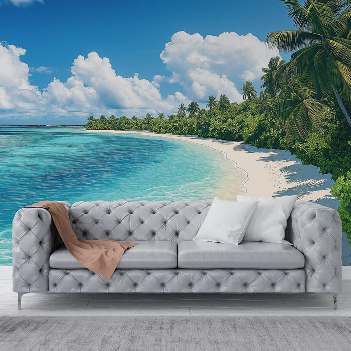 Falfestmény tapéta trópusi strand | Arany part és türkiz tenger kék ég alatt