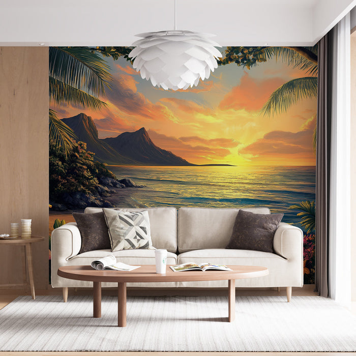 Tapeta tropska plaža | Očaravajući zalazak sunca s šarenim cvijećem