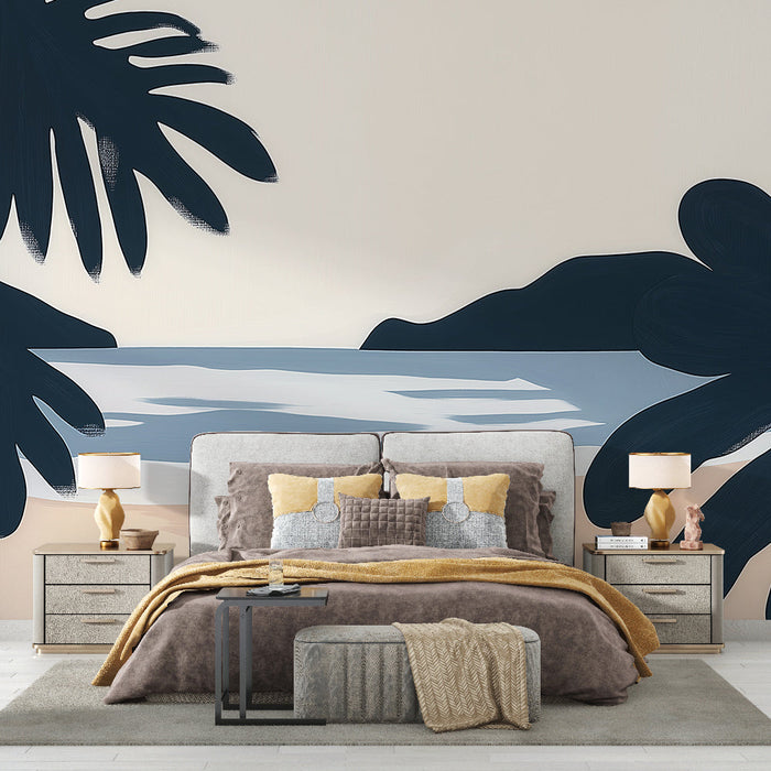 Carta da parati spiaggia tropicale | Foglie scure e oceano sereno