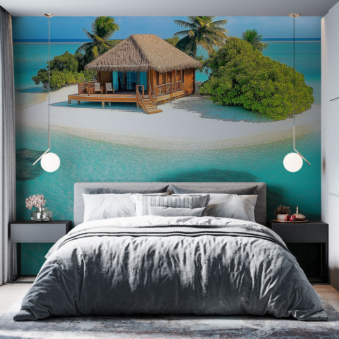 Ταπετσαρία τοιχογραφία τροπική παραλία | Σπίτι σε πασσάλους περιτριγυρισμένο από τιρκουάζ νερά