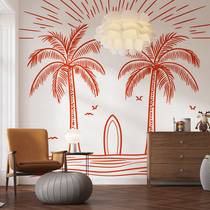 Tapeta tropikalna plaża | Stylizowane palmy i deska surfingowa