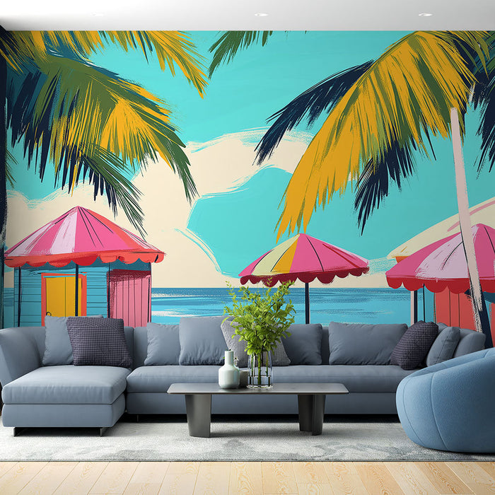 Mural Wallpaper tropical beach | Colorful parasol and beach huts