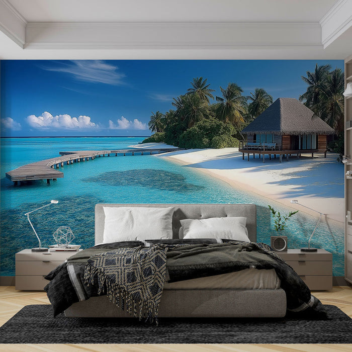 Тапет тропически плаж | Идиличен пейзаж с бунгало на бял пясъчен плаж