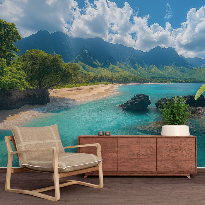 Muralna tapeta tropska plaža | Morska pokrajina z bujnimi gorami in kristalno čisto vodo