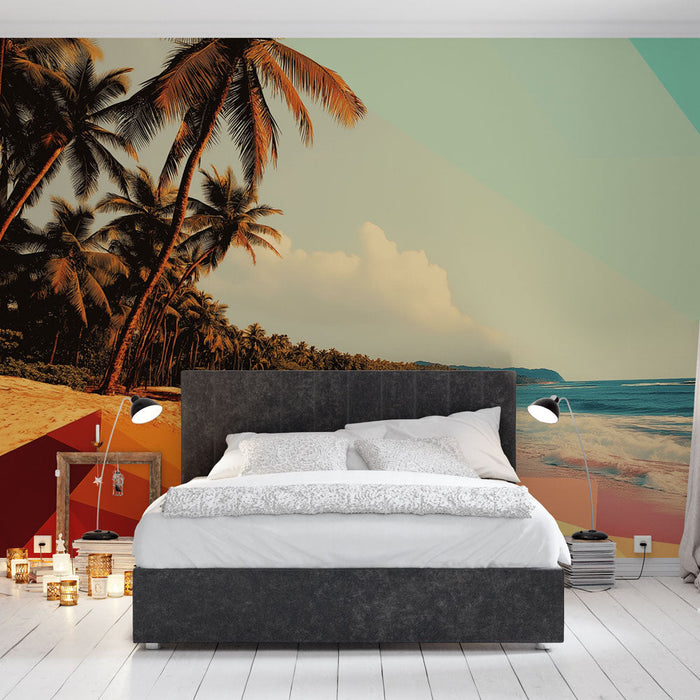 Тапет тропически плаж | Ярък пейзаж с кокосови дървета и океански вълни