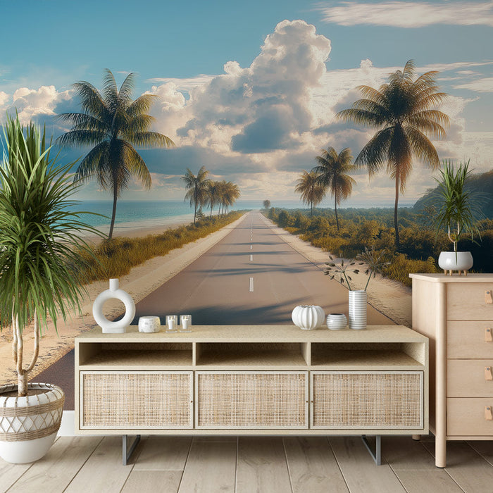 Ταπετσαρία τοιχογραφίας τροπική παραλία | Ηλιόλουστος δρόμος με φοίνικες και γαλάζιο ωκεανό