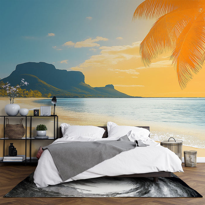 Papel de parede de praia tropical | Cena de praia ao nascer do sol com coqueiros e montanhas