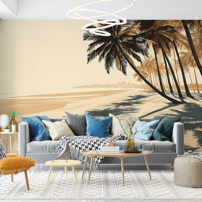 Fototapet tropisk strand | Palmetre silhuetter ved solnedgang