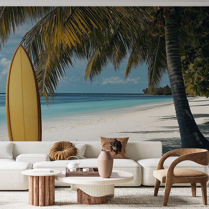 Tapete tropischer Strand | Surfen und Palmen an einem sonnigen Strand