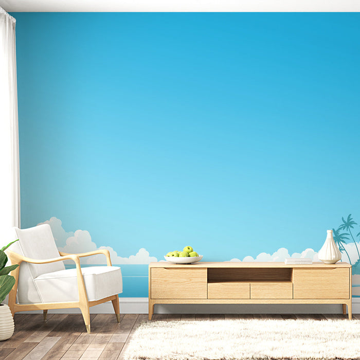 Fototapet tropikal plaj | Mavi gökyüzü altında deniz ve palmiye ağaçları manzarası