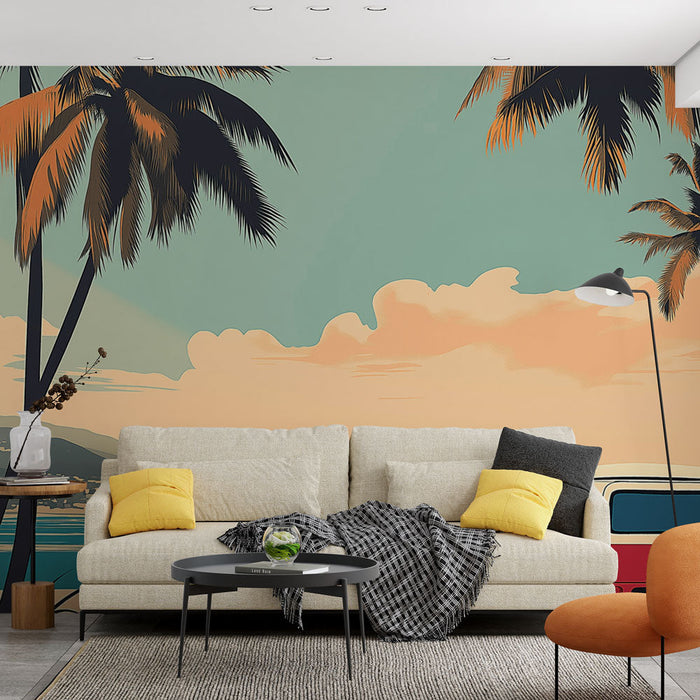 Fototapet tropisk strand | Fargerik varebil og palmer under en pastellhimmel