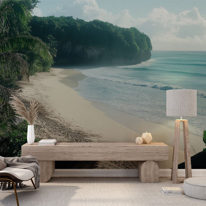 Ταπετσαρία τοιχογραφίας τροπική παραλία | Καταπραϋντική θέα μιας αμμώδους παραλίας με φοίνικες