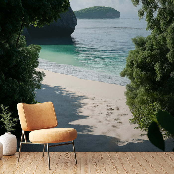 Tapet plajă tropicală | Vedere liniștitoare a unei plaje înconjurate de vegetație luxuriantă