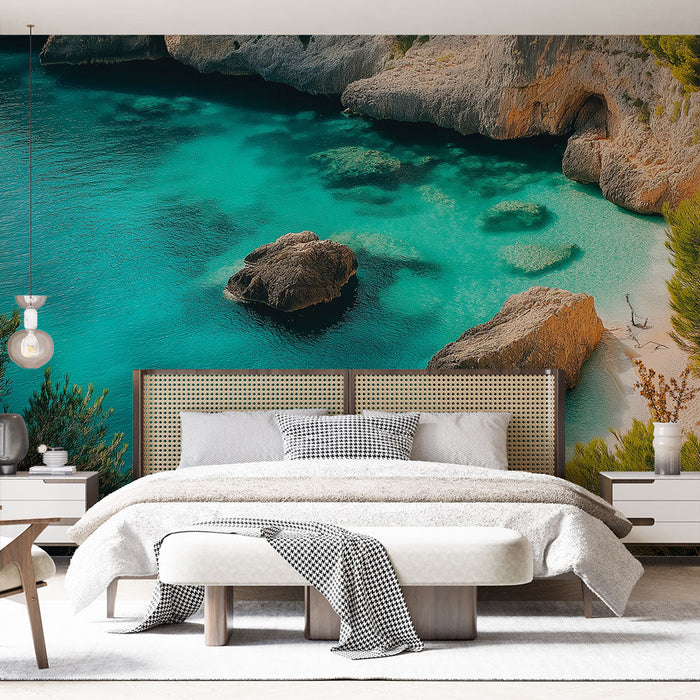 Papel pintado playa turquesa | Paisaje costero relajante con rocas y agua cristalina