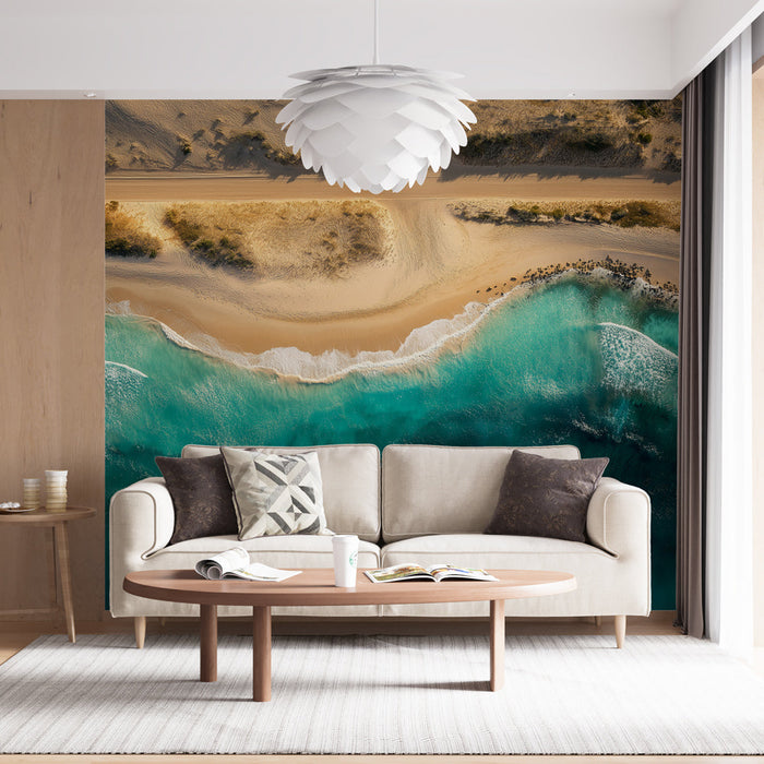 Fototapete Türkis Strand | Luftaufnahmen eines friedlichen Strandes und sanfter Wellen