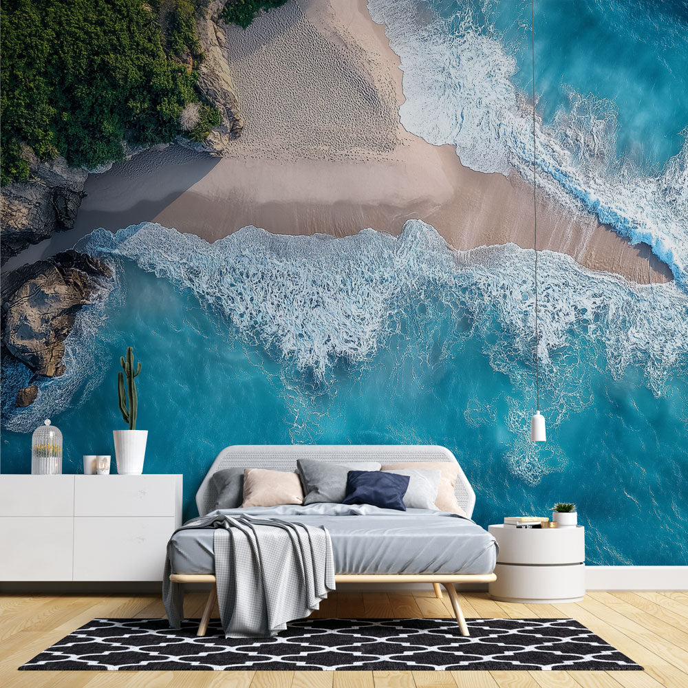 Ocean Mural Wallpaper | Aerial Turquoise Waters and Rocky Coast