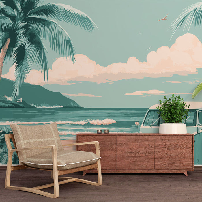 Mural Wallpaper beach | Vintage van and palm trees under a blue sky