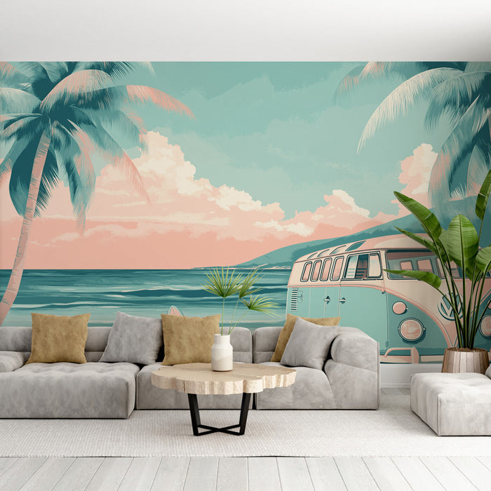 Mural Wallpaper beach | Van vintage on a tropical beach