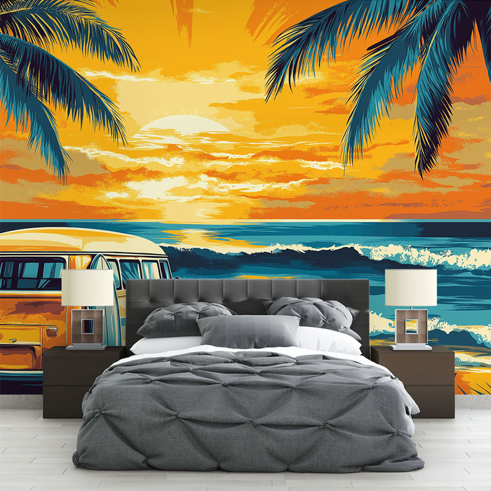 Mural Wallpaper vintage beach | Volkswagen Combi with surfboard on a beach at sunset
