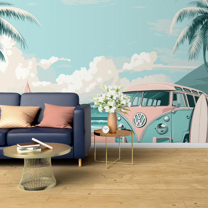 Mural Wallpaper beach | Vintage Volkswagen on a tropical beach background
