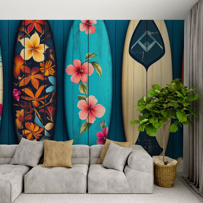 Tapeta deski surfingowe | Kolorowe deski surfingowe ozdobione tropikalnymi wzorami kwiatowymi