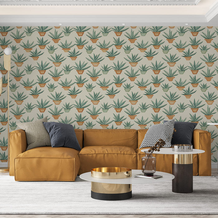 Fototapet biljke u loncima | Motiv zelenih agava u šarenim loncima na svijetloj pozadini