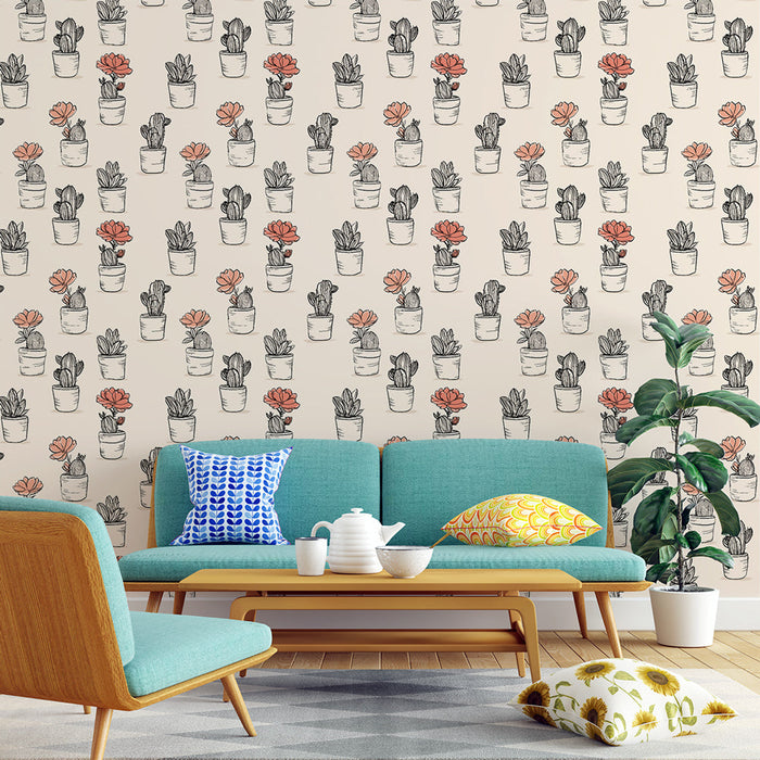 Tapete Pflanzen in Töpfen | Ein verspieltes Motiv von Kakteen und bunten Blumen