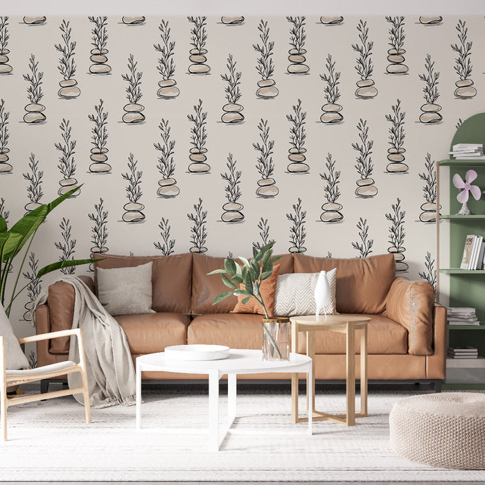 Tapete s motivom biljaka i kamenja | Delikatan uzorak biljaka i hrpe kamenja