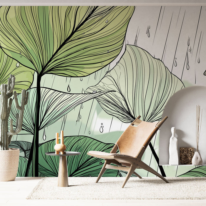 Fotótapéta növényekkel az esőben | Finom levelek vízcseppekkel