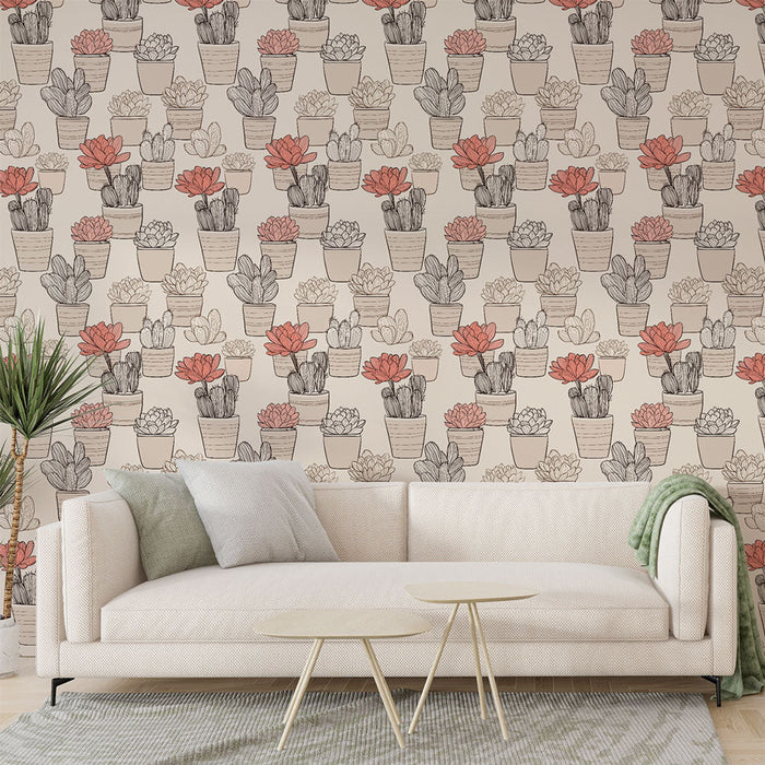 Carta da parati piante grasse | Delicati motivi di cactus e fiori in vasi