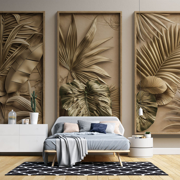 Papel de parede com plantas tropicais | Elegantes padrões de folhagem em relevo dourado