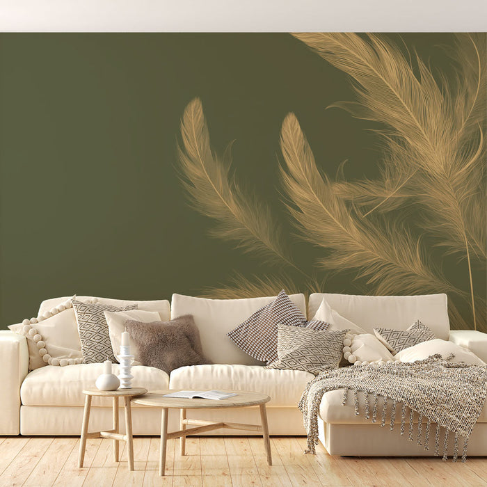 Ταπετσαρία τοιχογραφίας πέννα | Χρυσό σε χακί φόντο