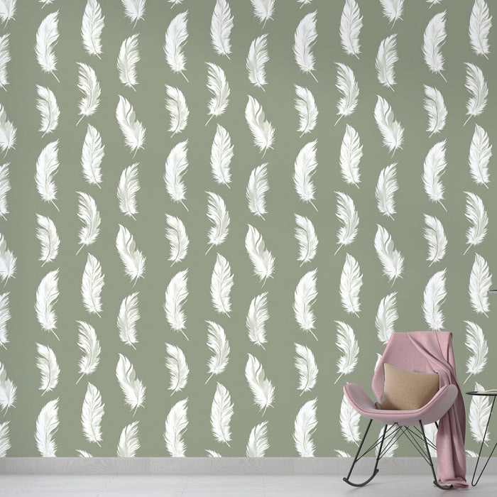 Fototapet belih peruti | Eleganten vzorec nežnih peruti na mehki zeleni podlagi