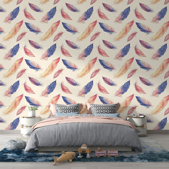 Tapeta s pestrobarevnými pery | Akvarelový vzor pera na světlém pozadí