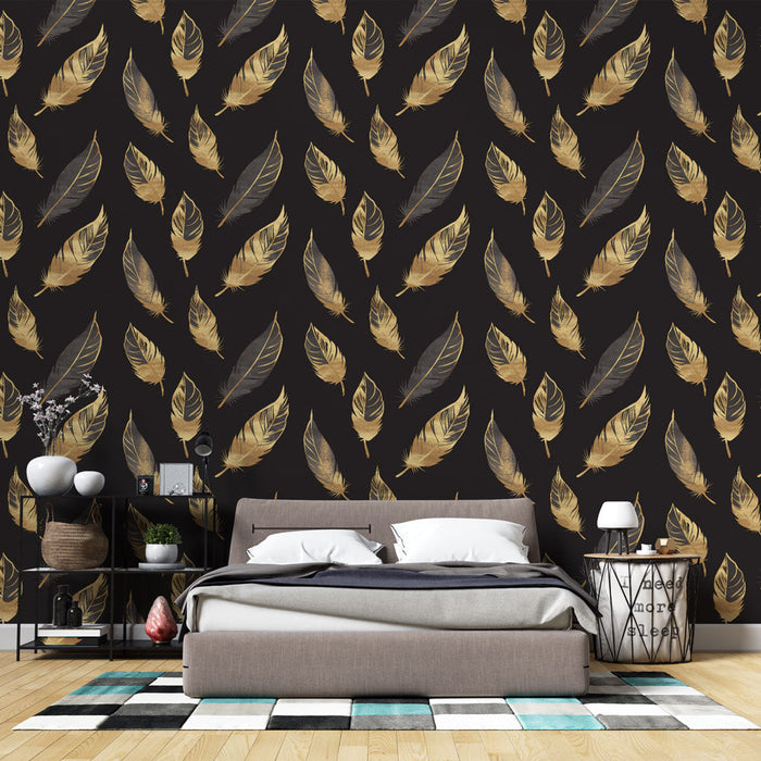Tapete με χρυσά φτερά | Χρυσό και μαύρο μοτίβο φτερών σε σκούρο φόντο