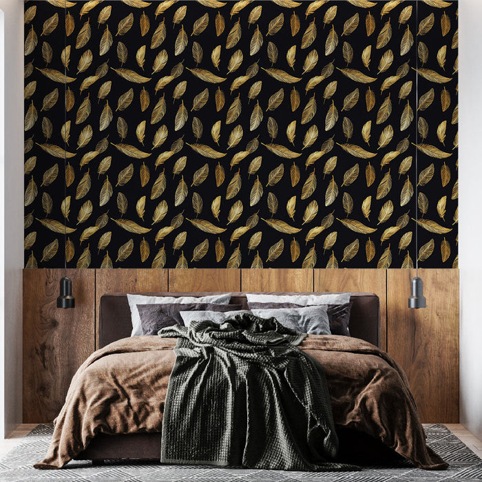 Tapeta zlaté pera | Jemné vzory per na černém pozadí